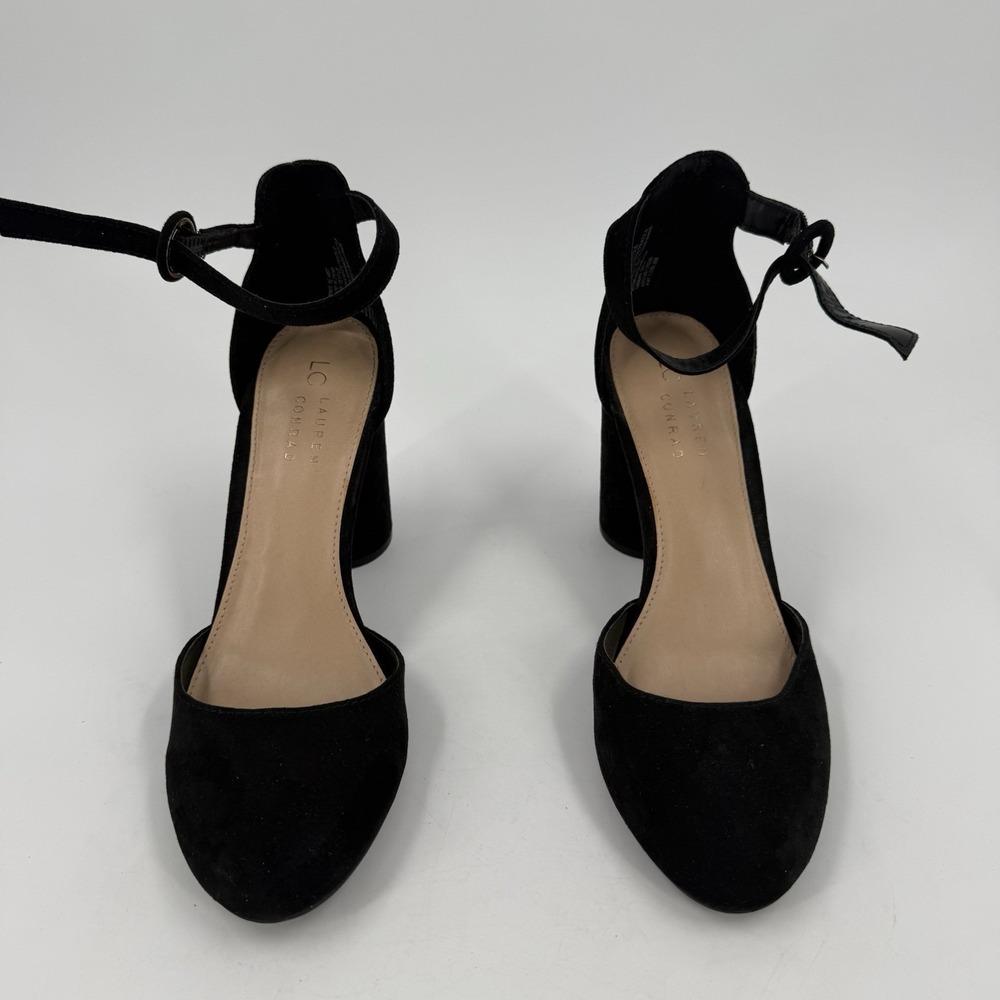 LC Lauren Conrad Women's 8.5 Black Suede Ankle Strap Block Heel Pumps D'Orsay